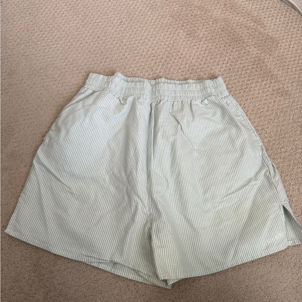 Djerf Avenue Light Blue and White Striped Elastic Waist Shorts